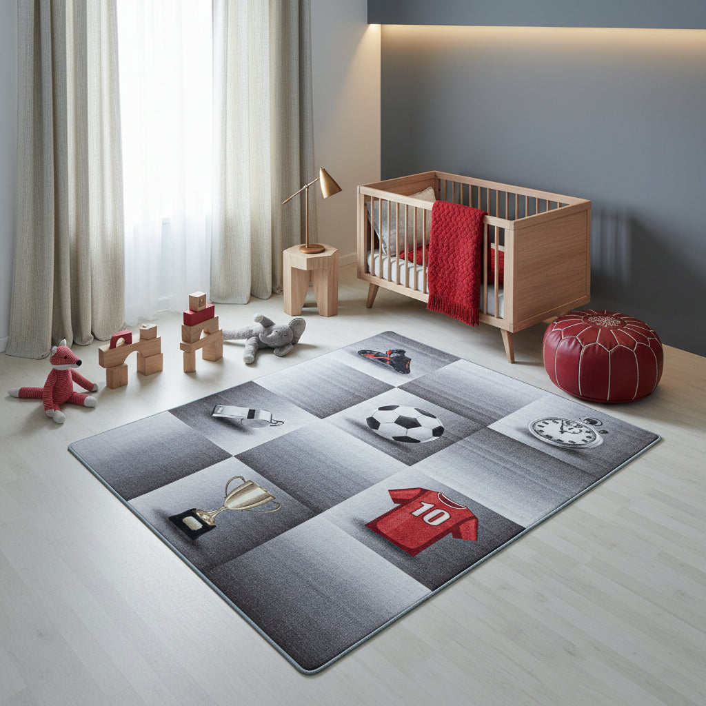 Teppich Kinder Flachgewebe Fußballfeld Polyamid Antirutsch Kinderzimmer_Grau_Läufer_