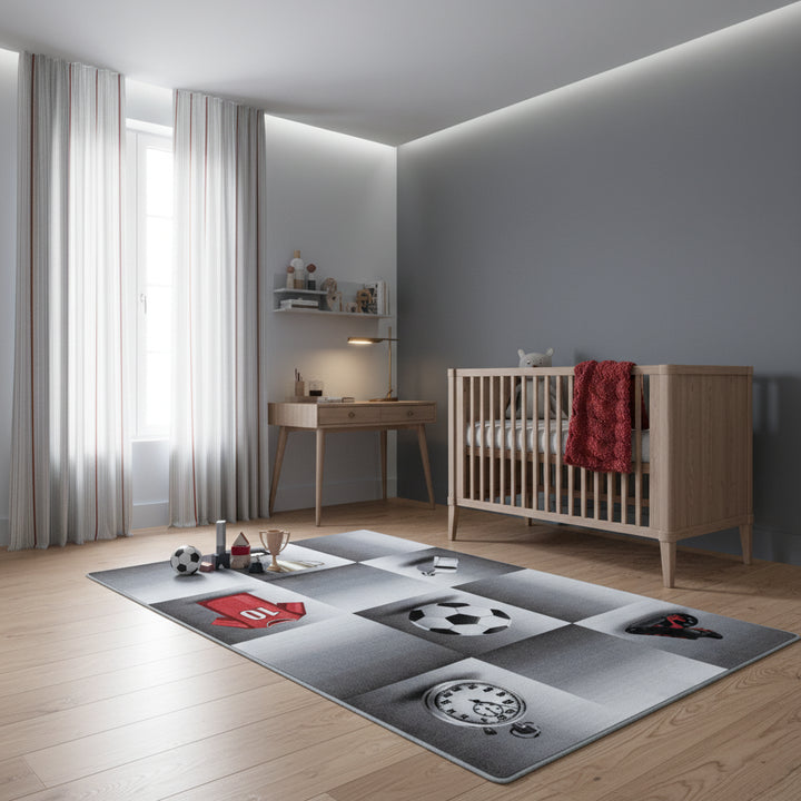 Teppich Kinder Flachgewebe Fußballfeld Polyamid Antirutsch Kinderzimmer_Grau_Läufer_