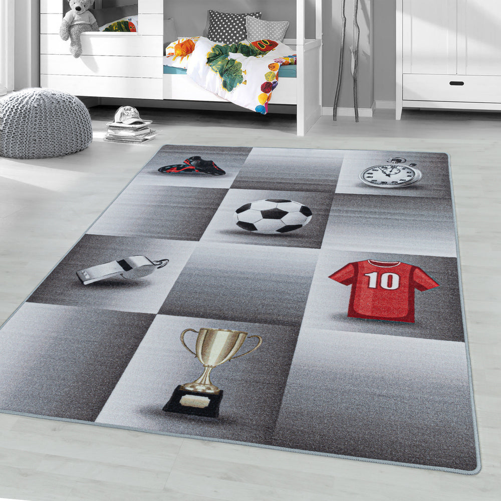 Teppich Kinder Flachgewebe Fußballfeld Polyamid Antirutsch Kinderzimmer_Grau_Läufer_