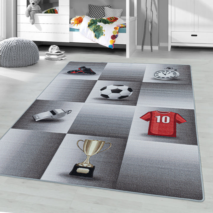 Teppich Kinder Flachgewebe Fußballfeld Polyamid Antirutsch Kinderzimmer_Grau_Läufer_