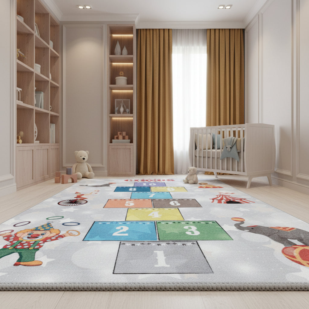 Teppich Kinder Flachgewebe Hüpfkästchen rutschfest Kinderzimmer_Grau_Läufer_