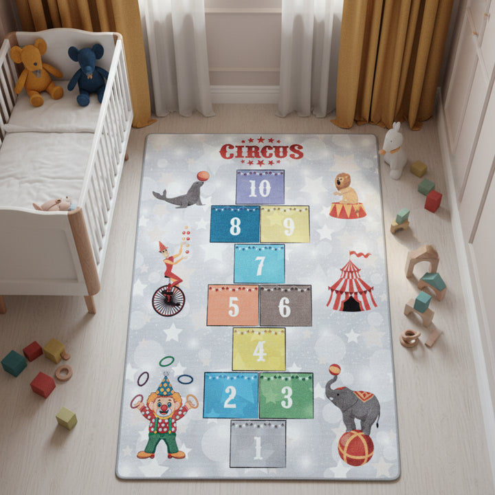 Teppich Kinder Flachgewebe Hüpfkästchen rutschfest Kinderzimmer_Grau_Läufer_