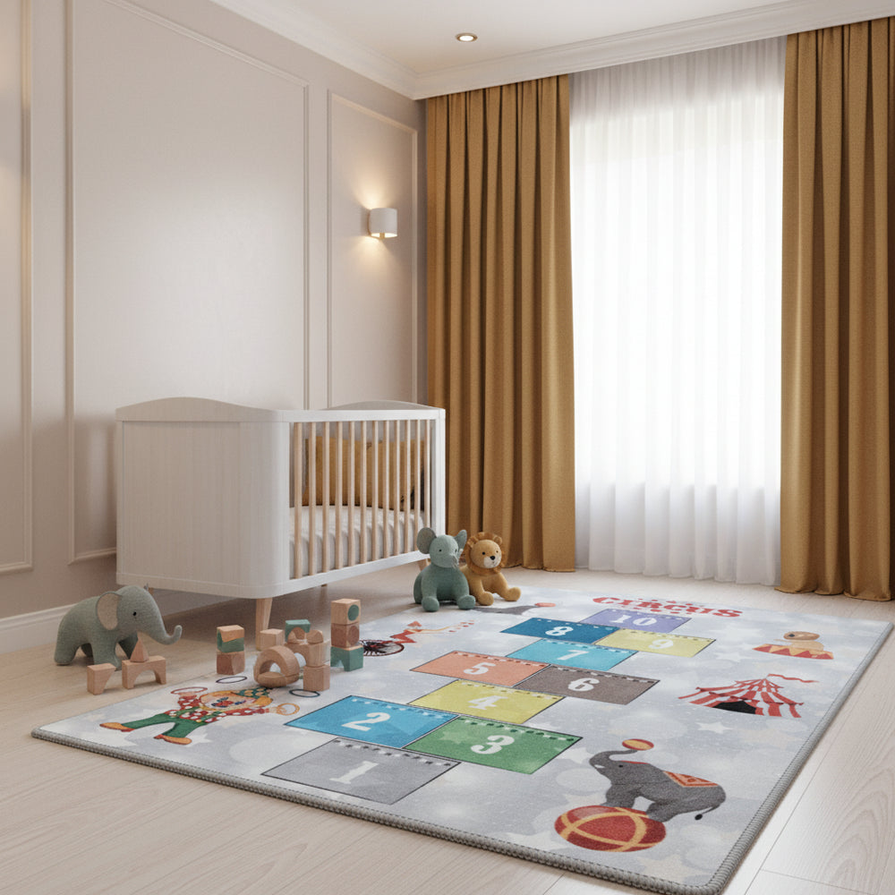 Teppich Kinder Flachgewebe Hüpfkästchen rutschfest Kinderzimmer_Grau_Läufer_