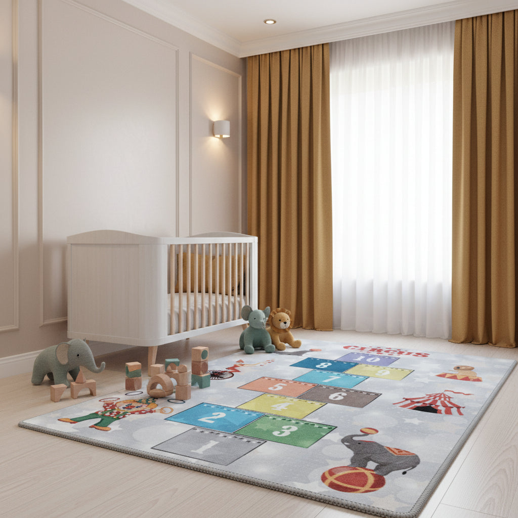 Teppich Kinder Flachgewebe Hüpfkästchen rutschfest Kinderzimmer Grau Läufer