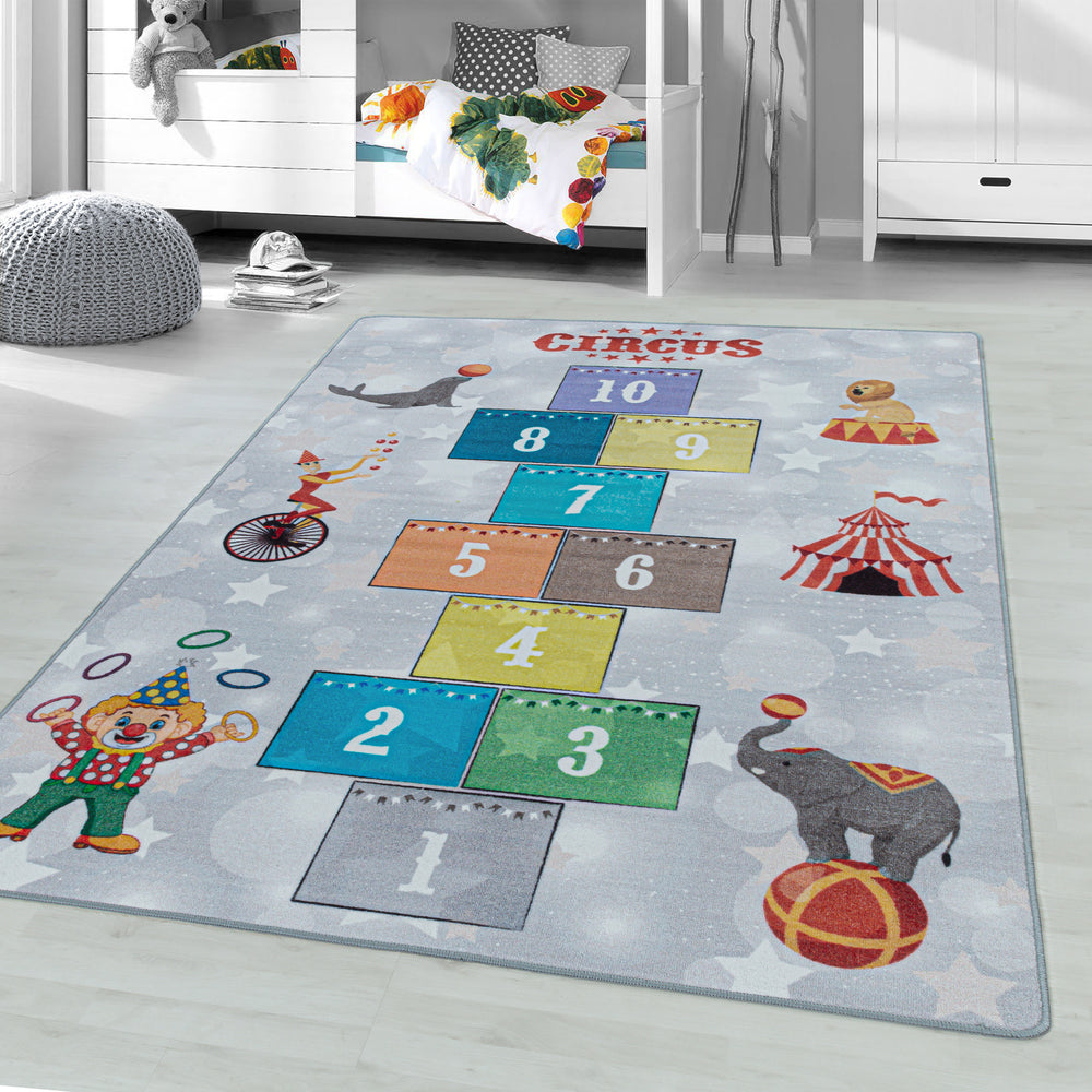 Teppich Kinder Flachgewebe Hüpfkästchen rutschfest Kinderzimmer_Grau_Läufer_