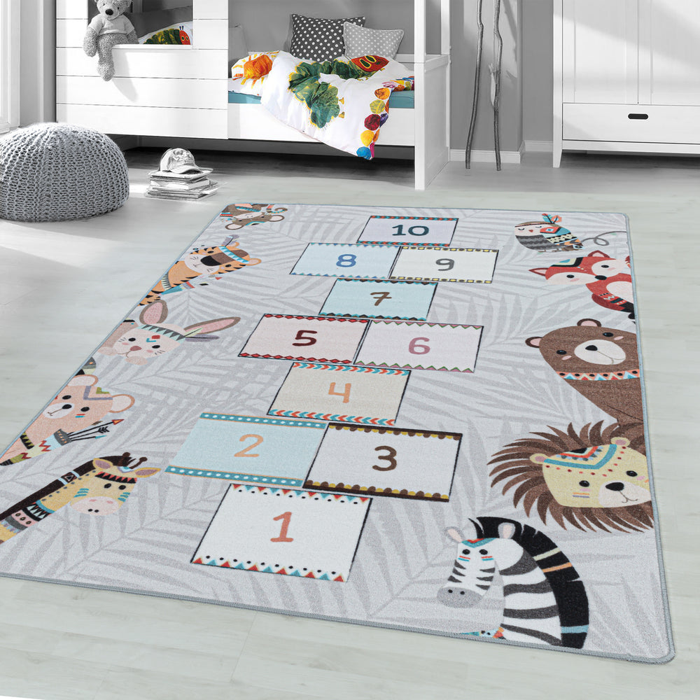 Teppich Kinder Flachgewebe Hüpfspiel Polyamid Antirutsch Kinderzimmer_Grau_Läufer_