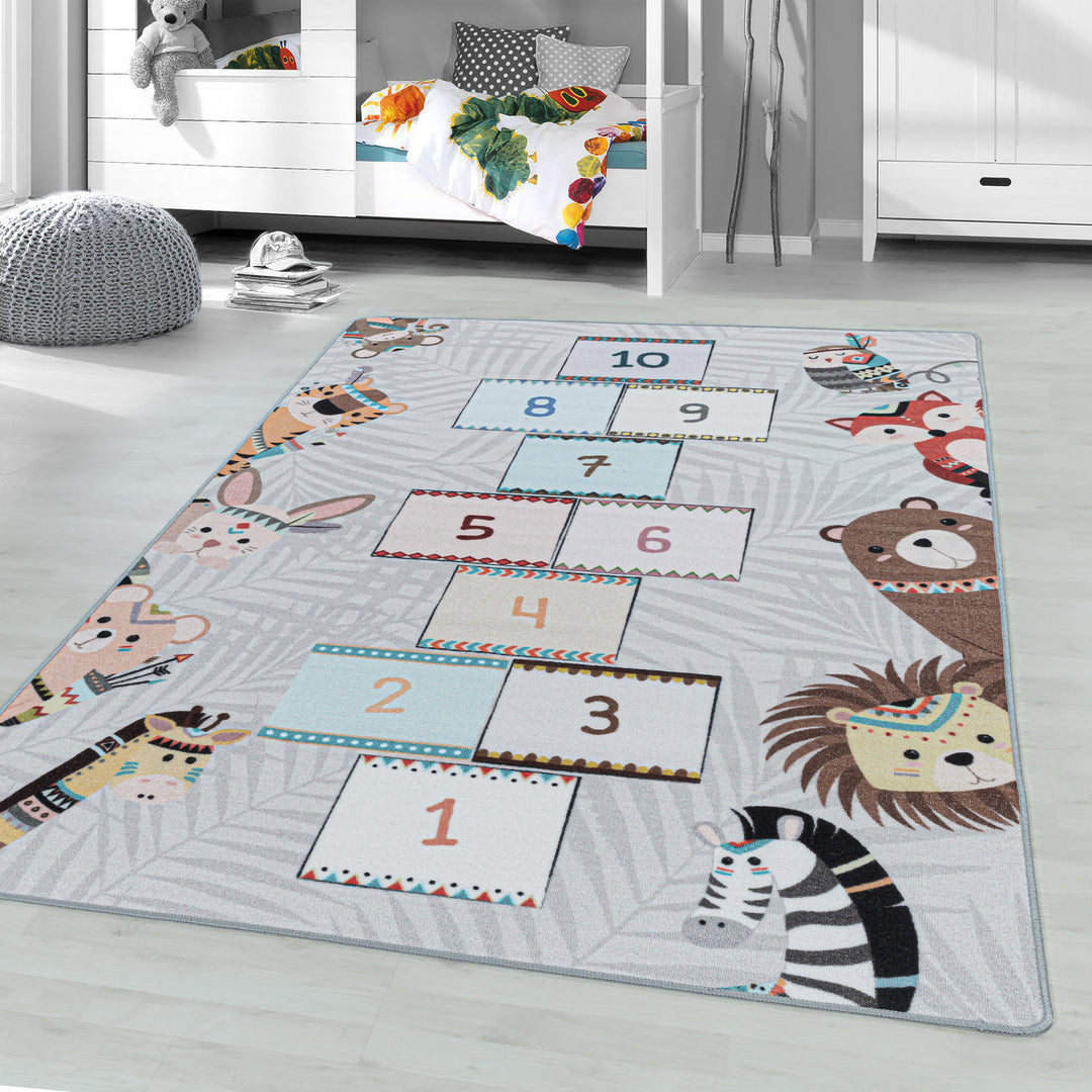 Teppich Kinder Flachgewebe Hüpfspiel Polyamid Antirutsch Kinderzimmer_Grau_Läufer_