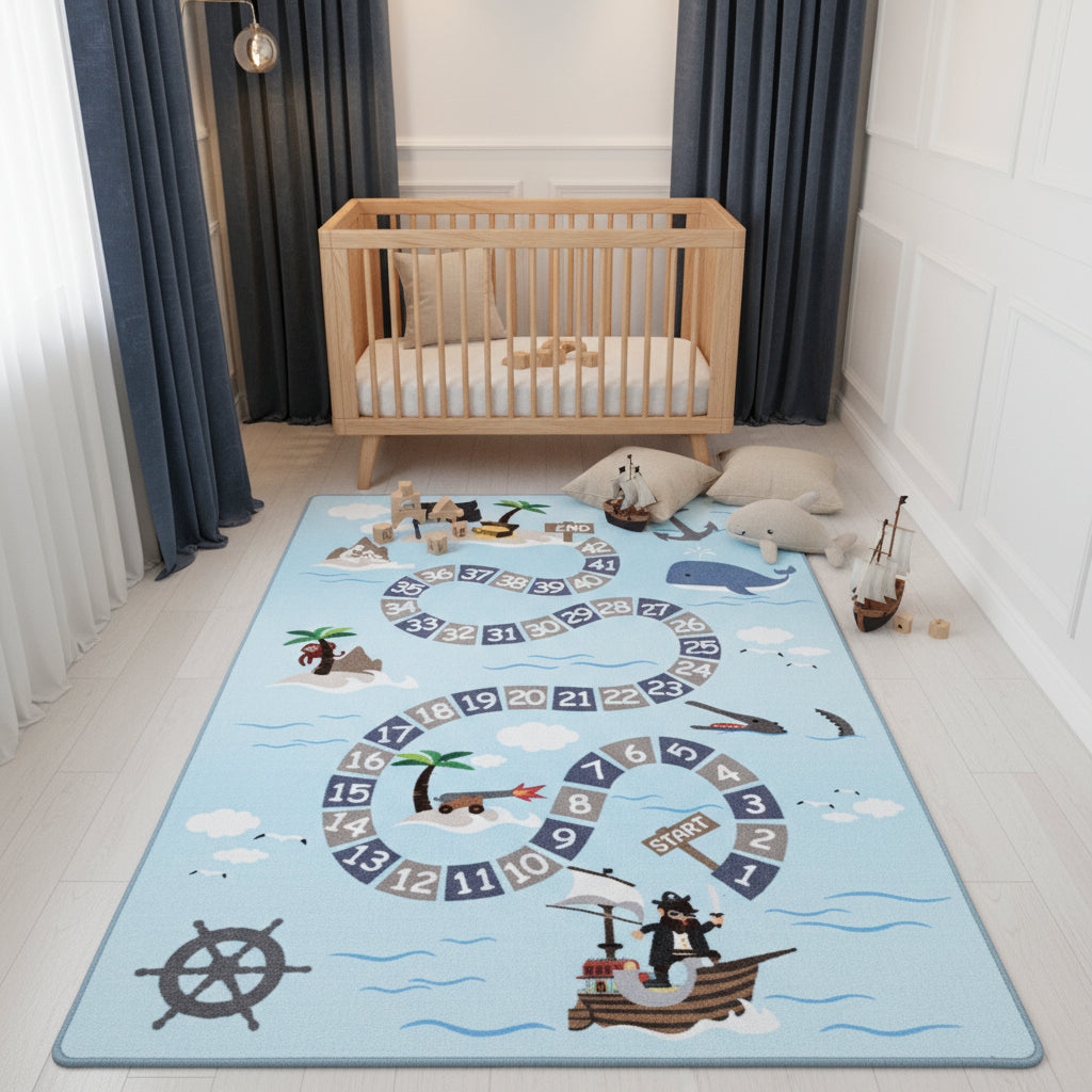 Teppich Kinder Flachgewebe Piratenwelt Polyamid Antirutsch Spielzimmer_Blau_Läufer_