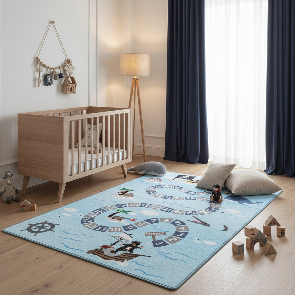 Teppich Kinder Flachgewebe Piratenwelt Polyamid Antirutsch Spielzimmer_Blau_Läufer_