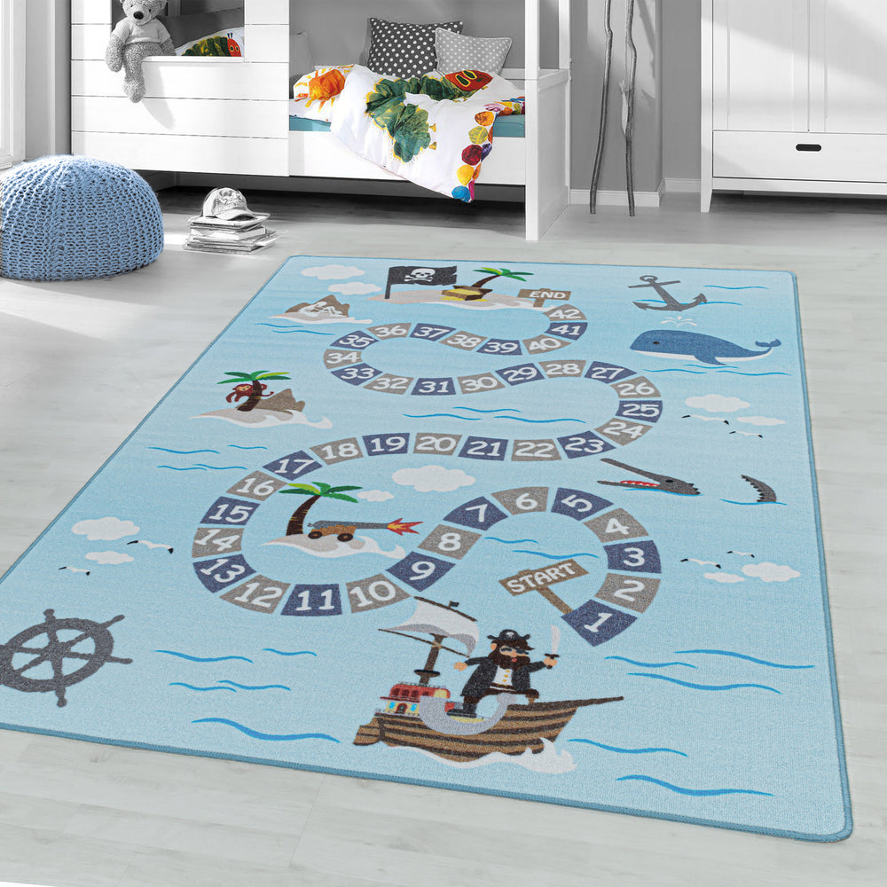Teppich Kinder Flachgewebe Piratenwelt Polyamid Antirutsch Spielzimmer_Blau_Läufer_