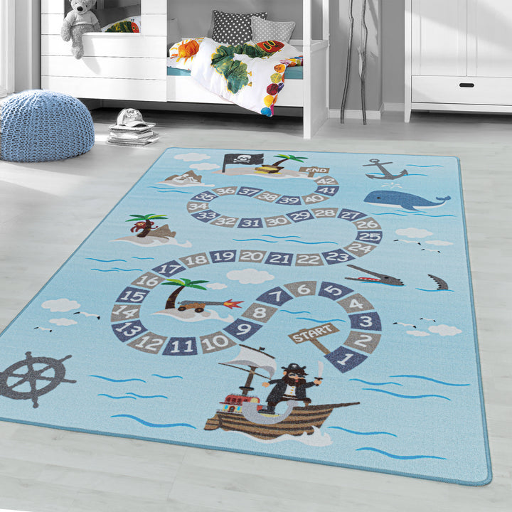 Teppich Kinder Flachgewebe Piratenwelt Polyamid Antirutsch Spielzimmer_Blau_Läufer_