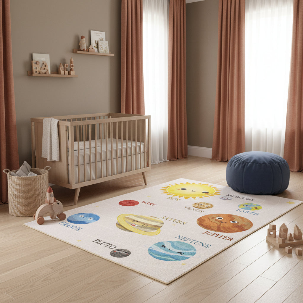 Teppich Kinder Flachgewebe Planetenwelt Polyamid rutschfest Kinderzimmer Rechteckig