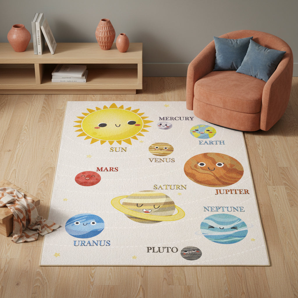 Teppich Kinder Flachgewebe Planetenwelt Polyamid rutschfest Kinderzimmer Rechteckig