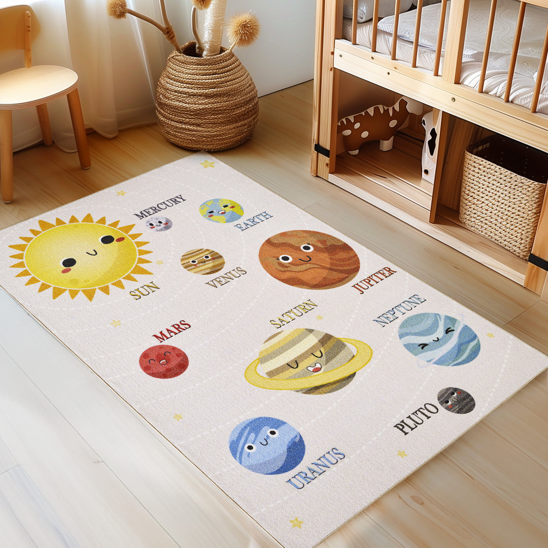 Teppich Kinder Planetenwelt Polyamid rutschfest Kinderzimmer_Beige_Rechteckig_
