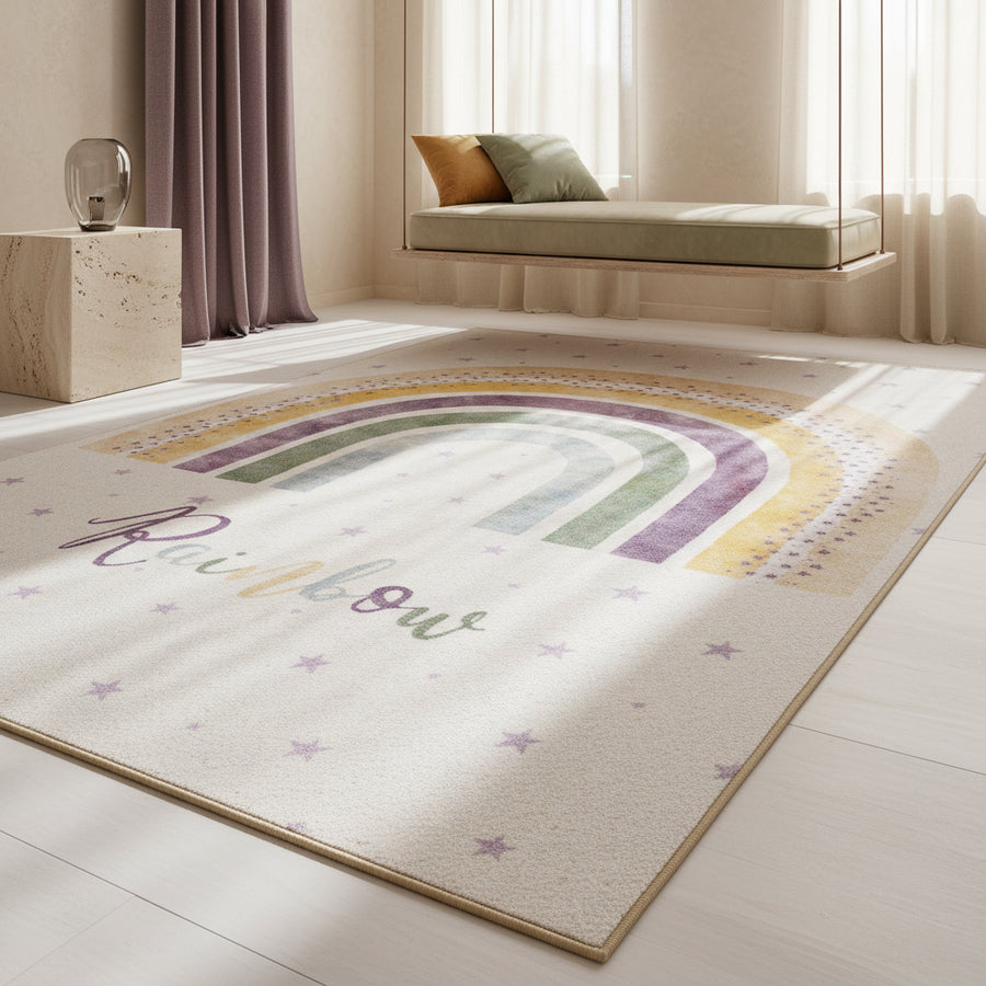 Teppich Kinder Flachgewebe Regenbogen-Motiv Polyamid rutschfest Kinderzimmer_Rechteckig_