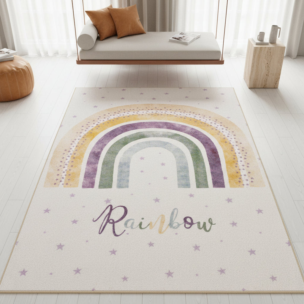 Teppich Kinder Flachgewebe Regenbogen-Motiv Polyamid rutschfest Kinderzimmer Rechteckig