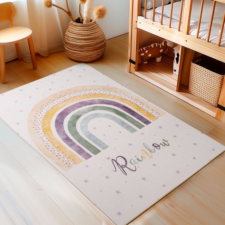 Teppich Kinder Regenbogen-Motiv Polyamid rutschfest Kinderzimmer_Creme_Rechteckig_