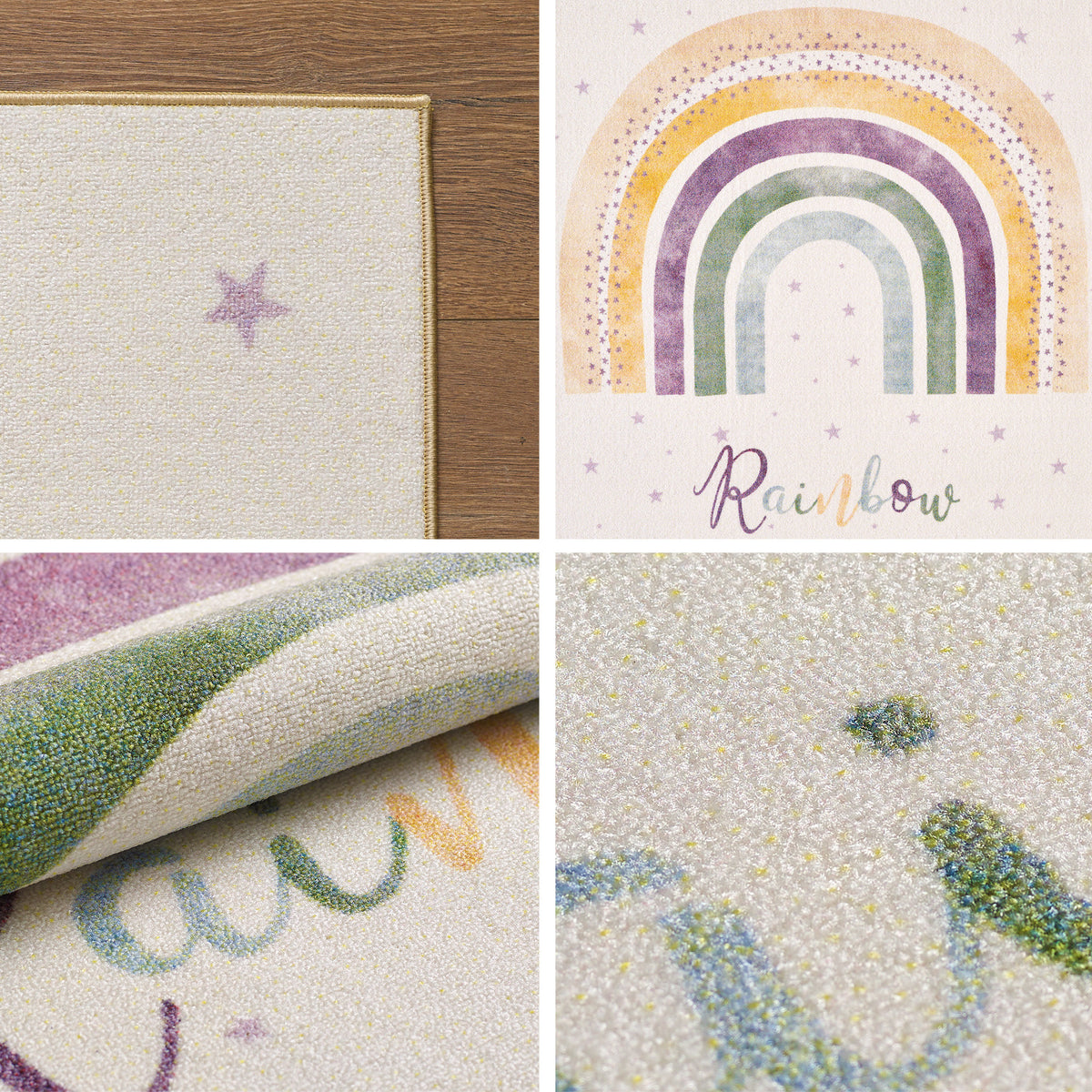 Teppich Kinder Flachgewebe Regenbogen-Motiv Polyamid rutschfest Kinderzimmer Creme Rechteckig 100x150 Rechteckig