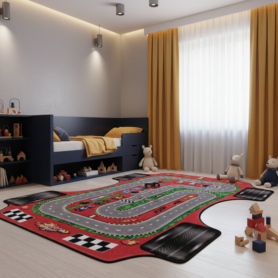 Teppich Kinder Flachgewebe Rennbahn-Motiv Polyamid rutschfest Kinderzimmer Rot Läufer 80x120_Läufer_