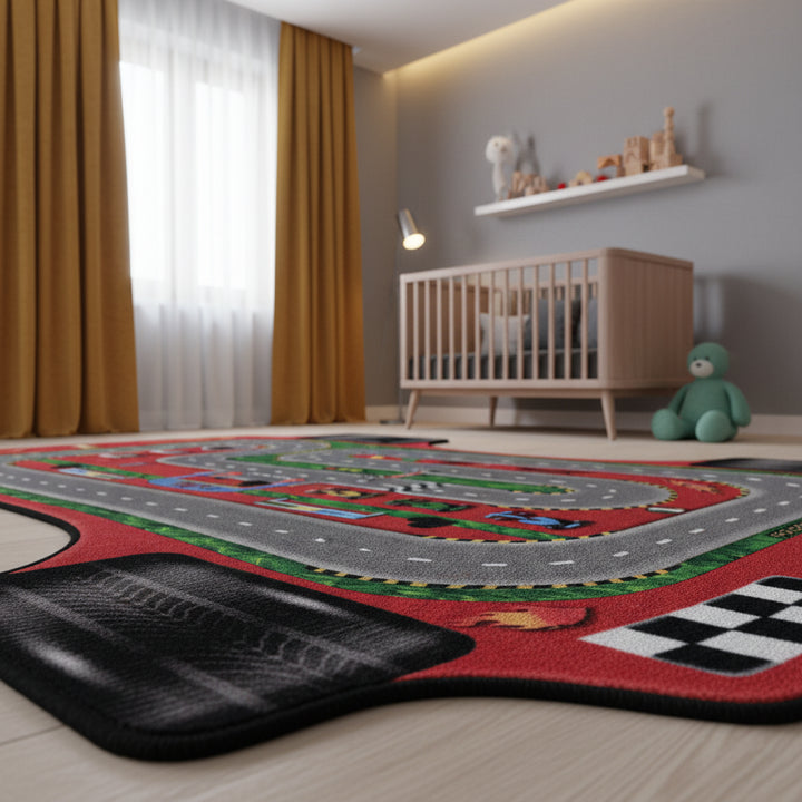 Teppich Kinder Flachgewebe Rennbahn-Motiv Polyamid rutschfest Kinderzimmer Rot Läufer 80x120_Läufer_
