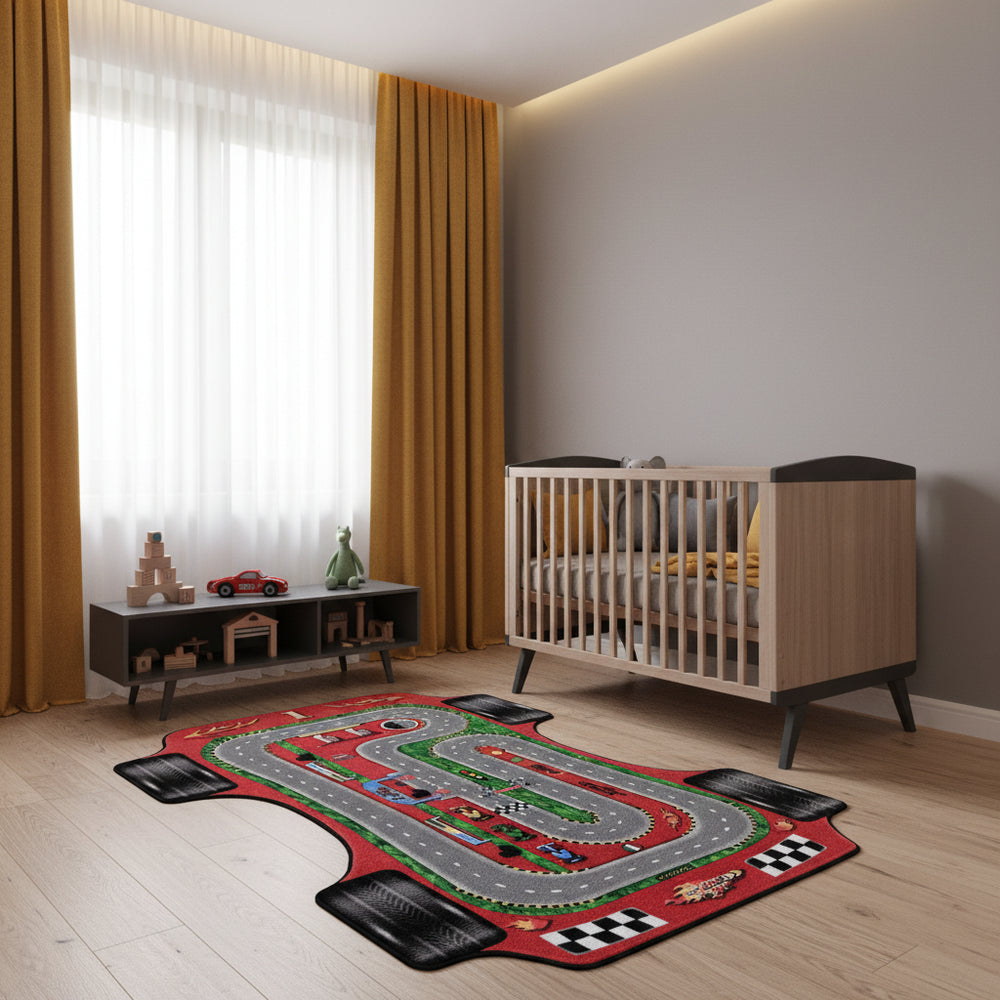 Teppich Kinder Flachgewebe Rennbahn-Motiv Polyamid rutschfest Kinderzimmer Rot Läufer 80x120_Läufer_