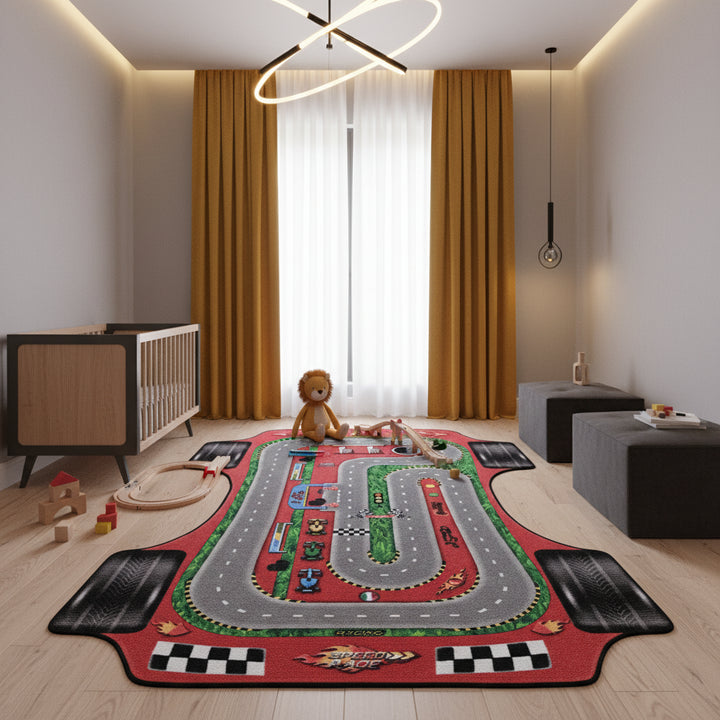 Teppich Kinder Flachgewebe Rennbahn-Motiv Polyamid rutschfest Kinderzimmer Rot Läufer 80x120_Läufer_
