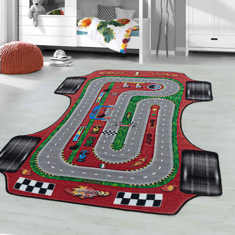 Teppich Kinder Flachgewebe Rennbahn Polyamid rutschfest Kinderzimmer_Rot_Läufer_