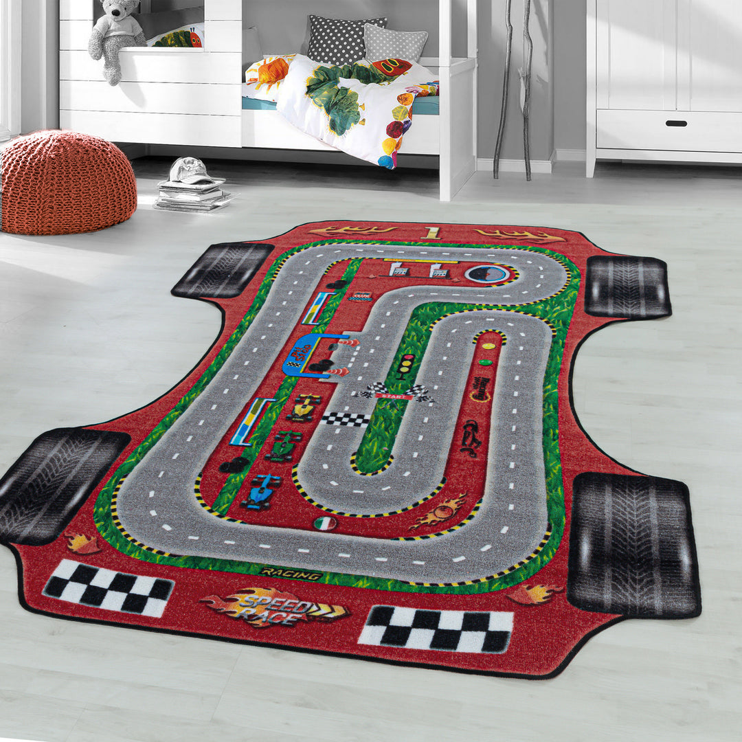 Teppich Kinder Flachgewebe Rennbahn Polyamid rutschfest Kinderzimmer_Rot_Läufer_