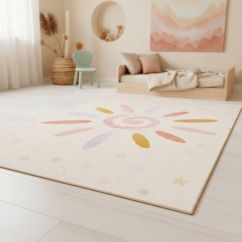 Teppich Kinder Sonne-Blumen Polyamid rutschfest Kinderzimmer Creme Rechteckig
