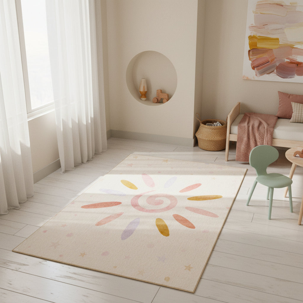 Teppich Kinder Sonne-Blumen Polyamid rutschfest Kinderzimmer Creme Rechteckig