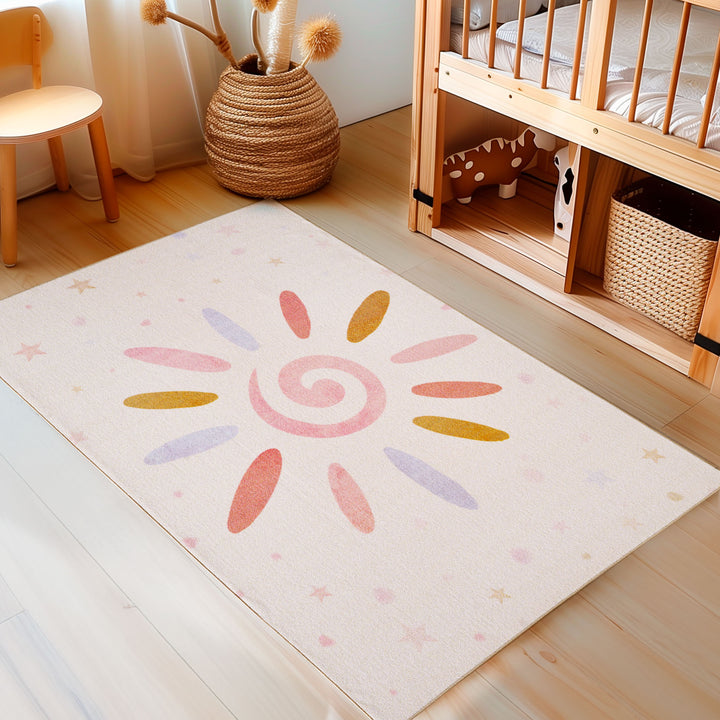 Teppich Kinder Sonne-Blumen Polyamid rutschfest Kinderzimmer_Creme_Rechteckig_