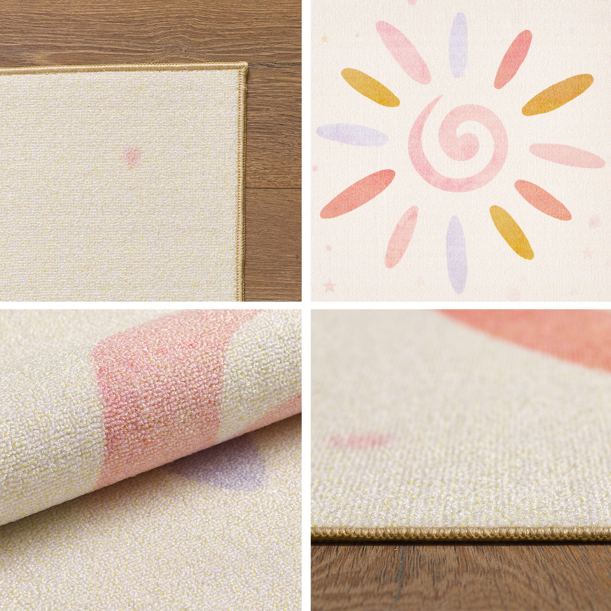 Teppich Kinder Flachgewebe Sonne-Blumen Muster Polyamid rutschfest Kinderzimmer Creme Rechteckig 100x150 Rechteckig