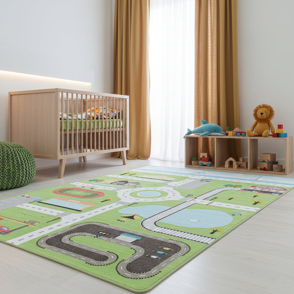 Teppich Kinder Flachgewebe Spielstraße Antirutsch Kinderzimmer_Grün_Läufer_