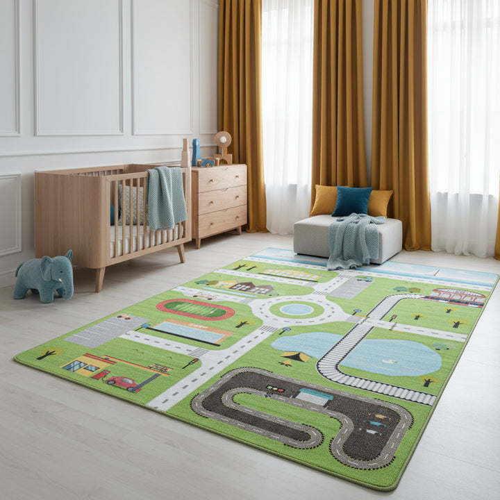 Teppich Kinder Flachgewebe Spielstraße Antirutsch Kinderzimmer_Grün_Läufer_