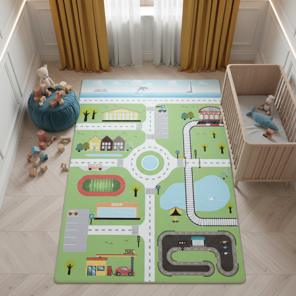 Teppich Kinder Flachgewebe Spielstraße Antirutsch Kinderzimmer_Grün_Läufer_