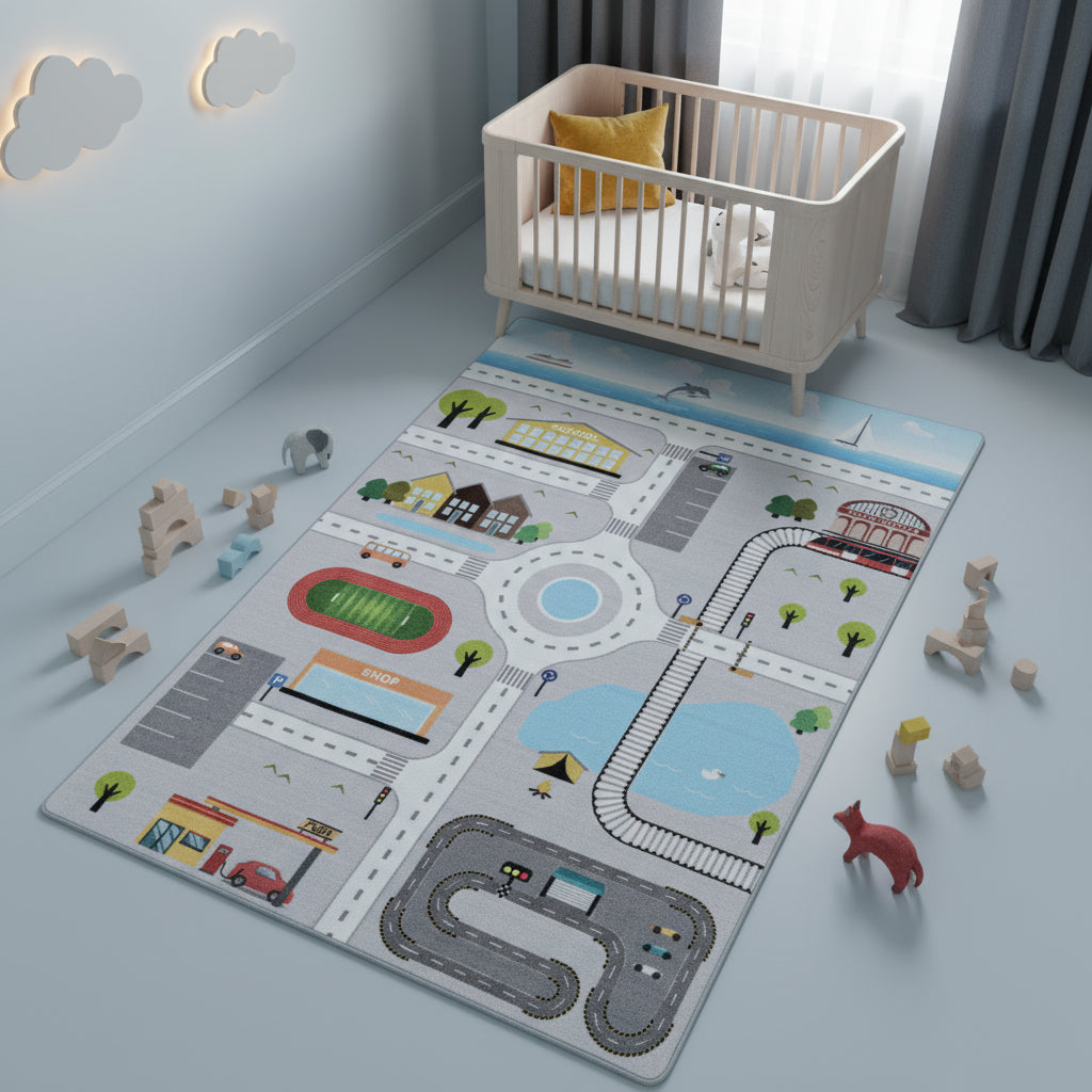 Teppich Kinder Flachgewebe Spielstraße Polyamid Antirutsch Kinderzimmer_Läufer_
