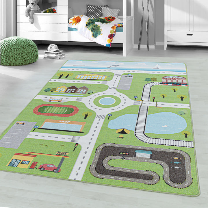 Teppich Kinder Flachgewebe Spielstraße Antirutsch Kinderzimmer_Grün_Läufer_