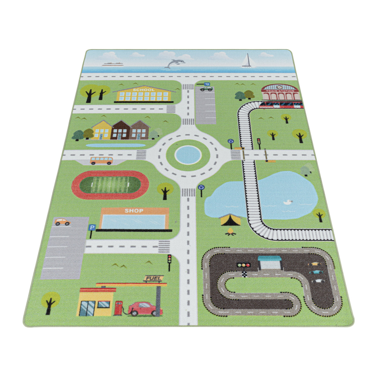Teppich Kinder Flachgewebe Spielstraße Polyamid Antirutsch Kinderzimmer Grün Läufer 80x120 Läufer