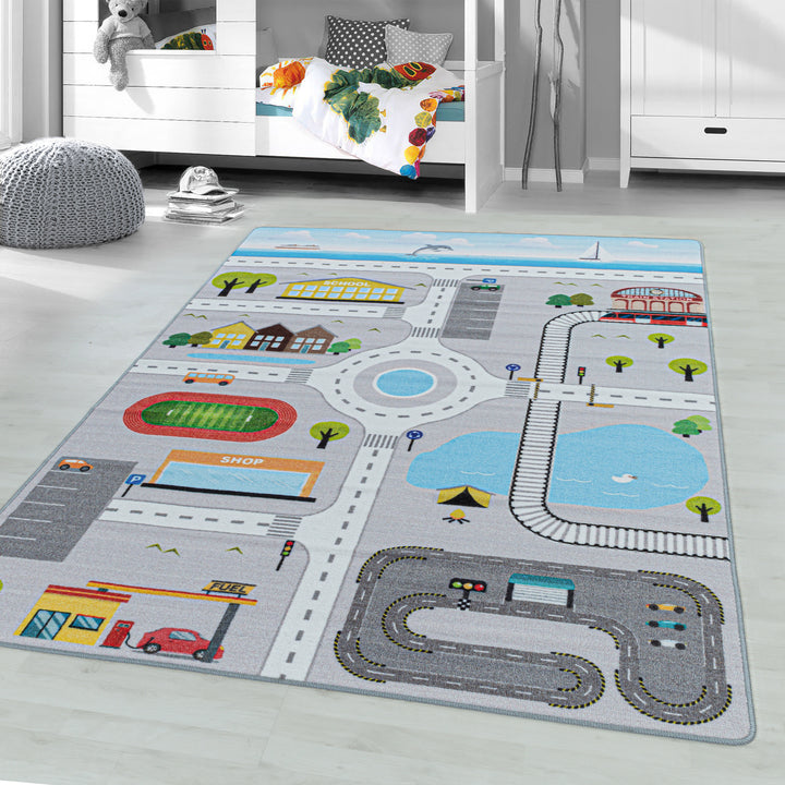 Teppich Kinder Flachgewebe Spielstraße Antirutsch Kinderzimmer_Grau_Läufer_