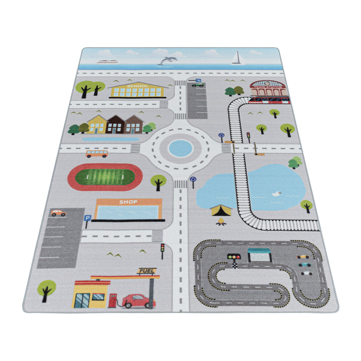 Teppich Kinder Flachgewebe Spielstraße Polyamid Antirutsch Kinderzimmer Grau Läufer 80x120_Läufer_