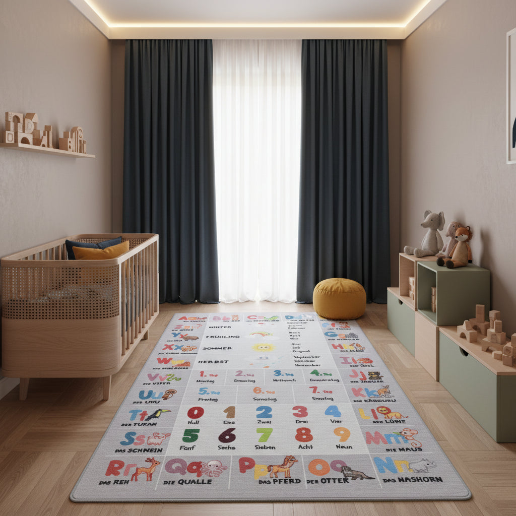 Teppich Kinder Flachgewebe Tiere-Zahlen-Alphabet Polyamid Kinderzimmer_Läufer_