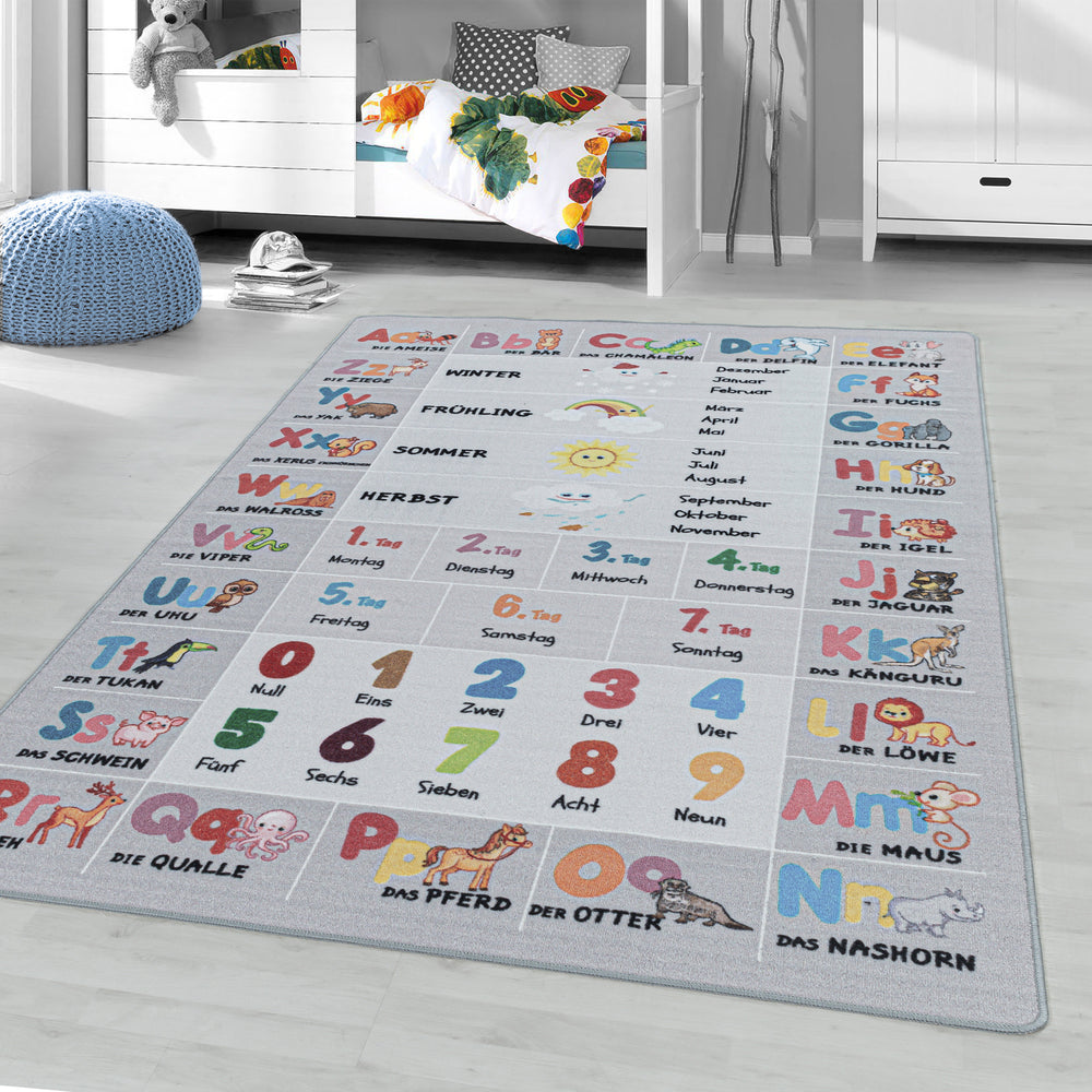 Teppich Kinder Flachgewebe Tiere-Zahlen-Alphabet Polyamid Kinderzimmer_Grau_Läufer_