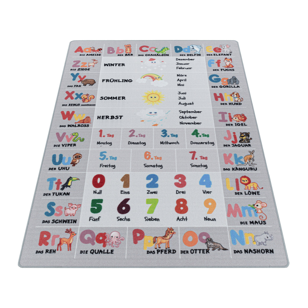 Teppich Kinder Flachgewebe Tiere-Zahlen-Alphabet Polyamid Kinderzimmer Grau Läufer 80x120_Läufer_