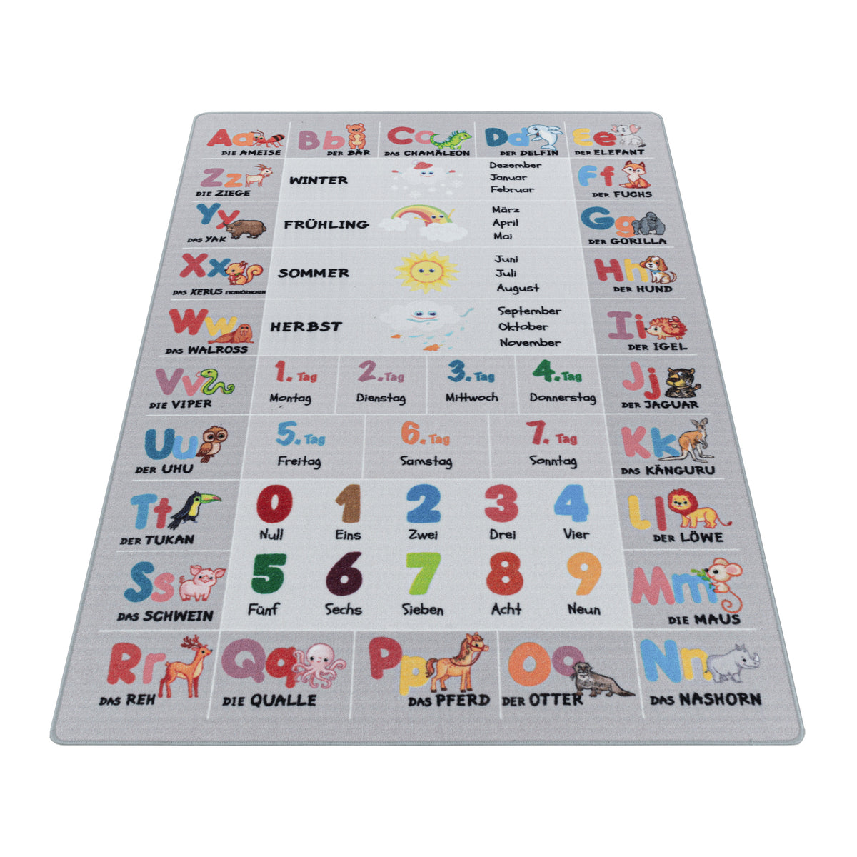 Teppich Kinder Flachgewebe Tiere-Zahlen-Alphabet Polyamid Kinderzimmer Grau Läufer 80x120 Läufer