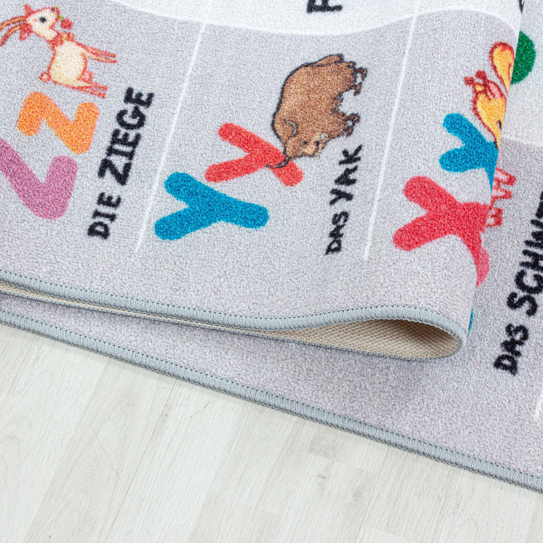 Teppich Kinder Flachgewebe Tiere-Zahlen-Alphabet Polyamid Kinderzimmer_Grau_Läufer_