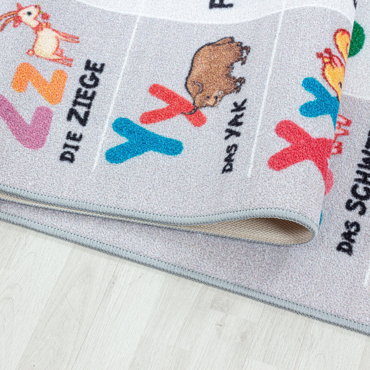Teppich Kinder Flachgewebe Tiere-Zahlen-Alphabet Polyamid Kinderzimmer_Grau_Läufer_