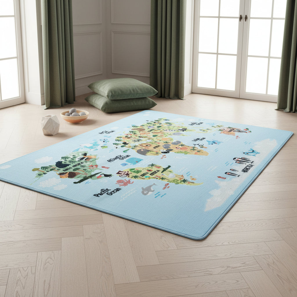 Teppich Kinder Flachgewebe Weltkarte mit Tieren Polyamid rutschfest Kinderzimmer Läufer