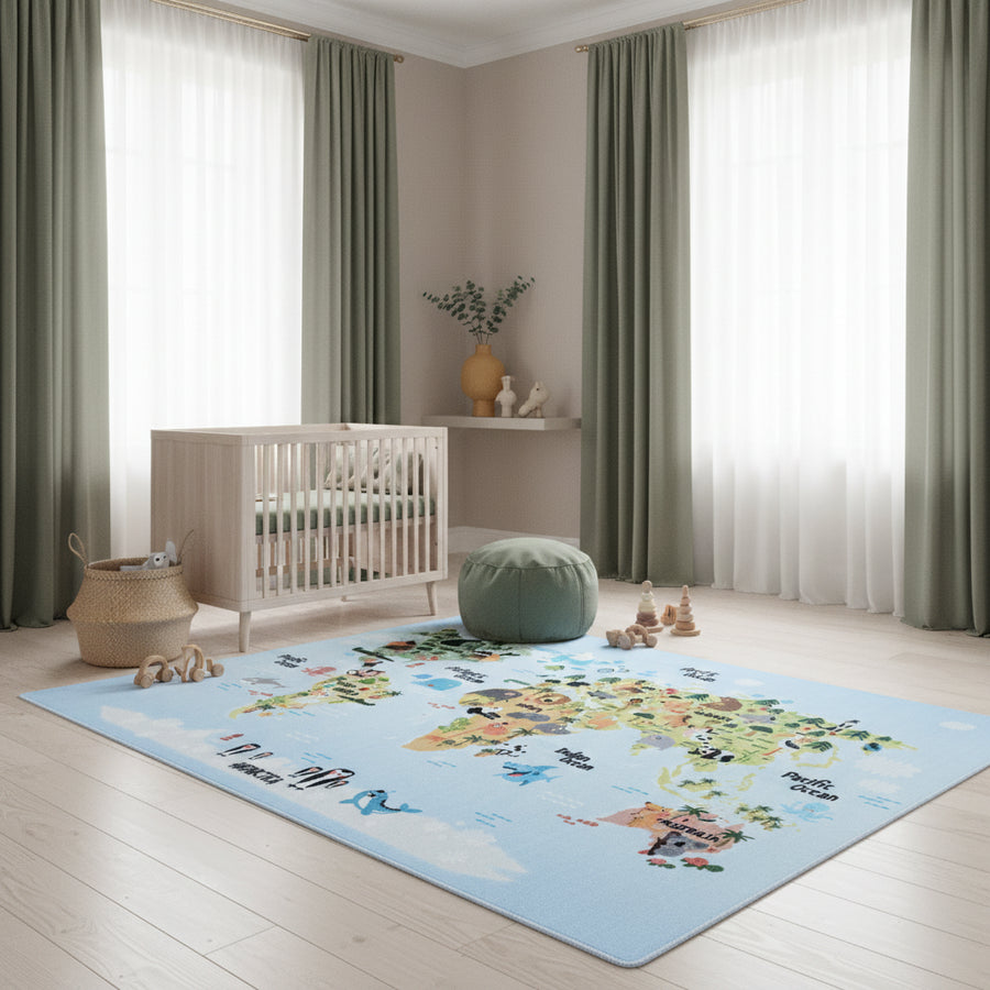 Teppich Kinder Flachgewebe Weltkarte mit Tieren Polyamid rutschfest Kinderzimmer_Läufer_