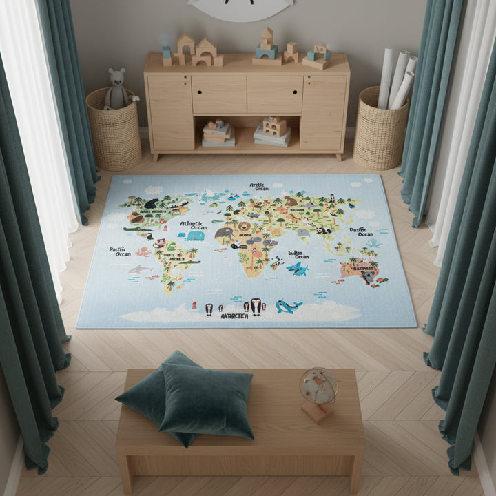 Teppich Kinder Flachgewebe Weltkarte mit Tieren Polyamid rutschfest Kinderzimmer_Läufer_