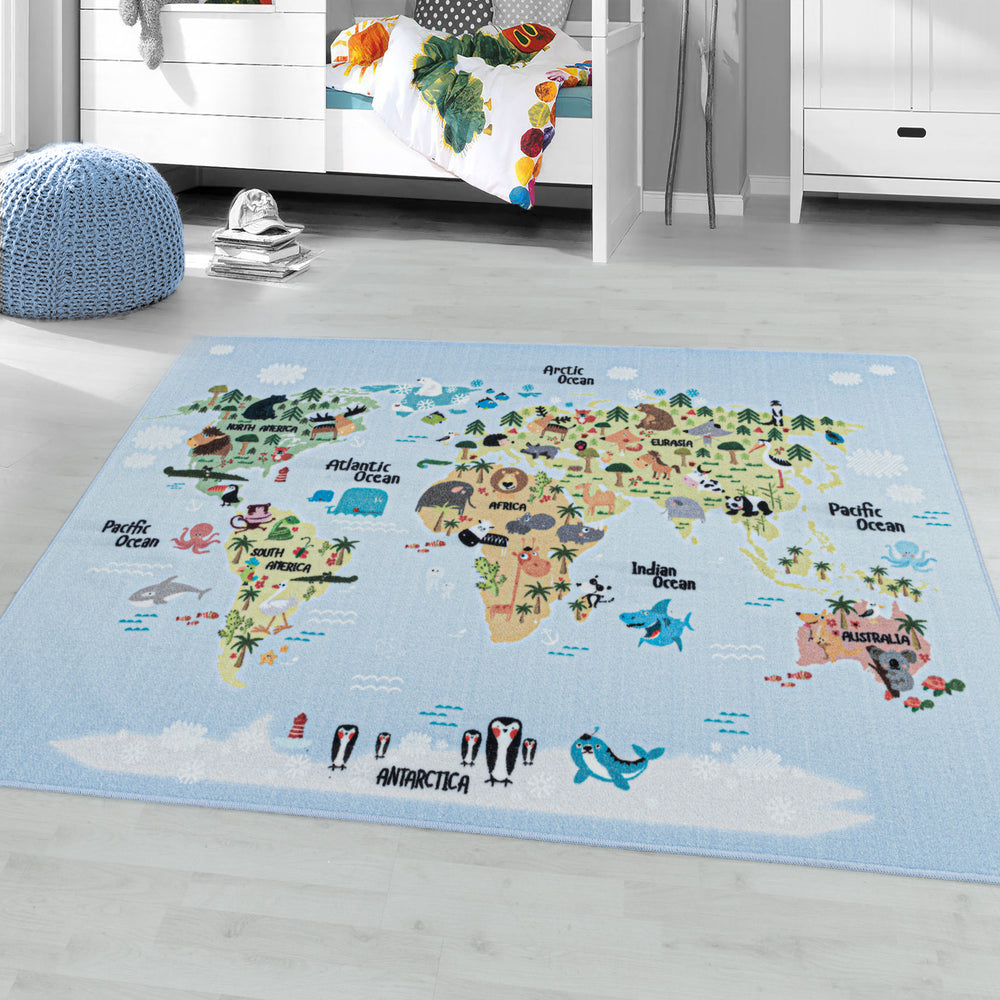 Teppich Kinder Weltkarte mit Tieren Polyamid rutschfest Kinderzimmer_Blau_Läufer_